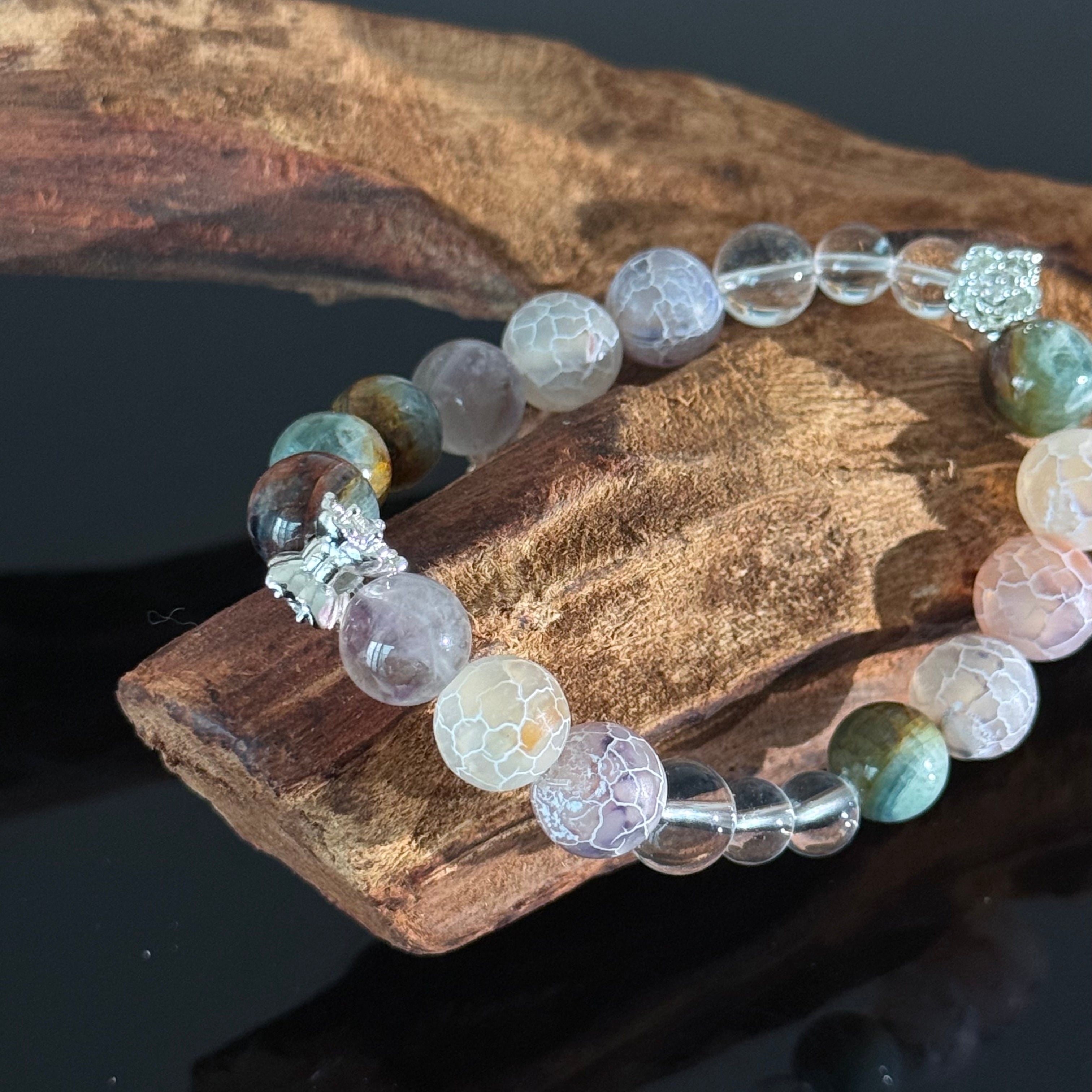 Handcrafted Bracelet: Cracked Agate & White Crystal — Featuring a Pixiu Pendant