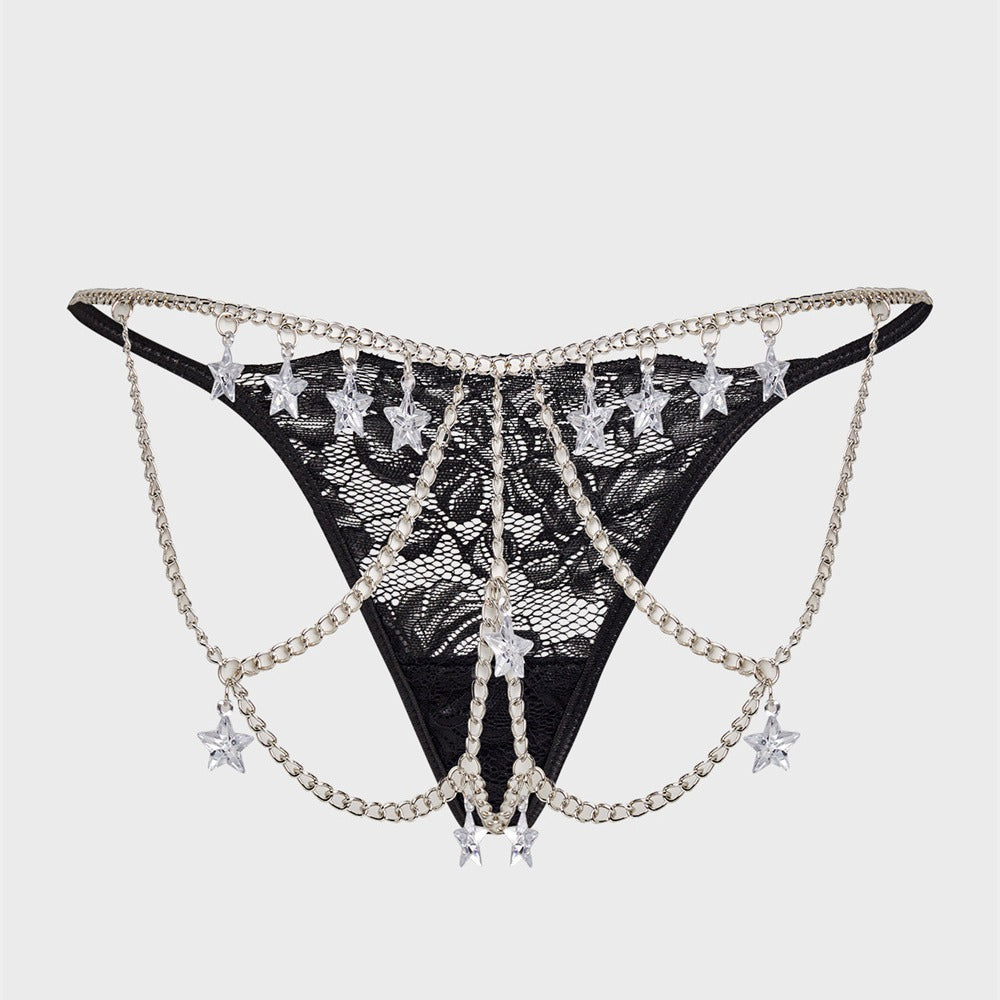 Alluring Lace G String Thongs Featuring Chain Pendant Star Details