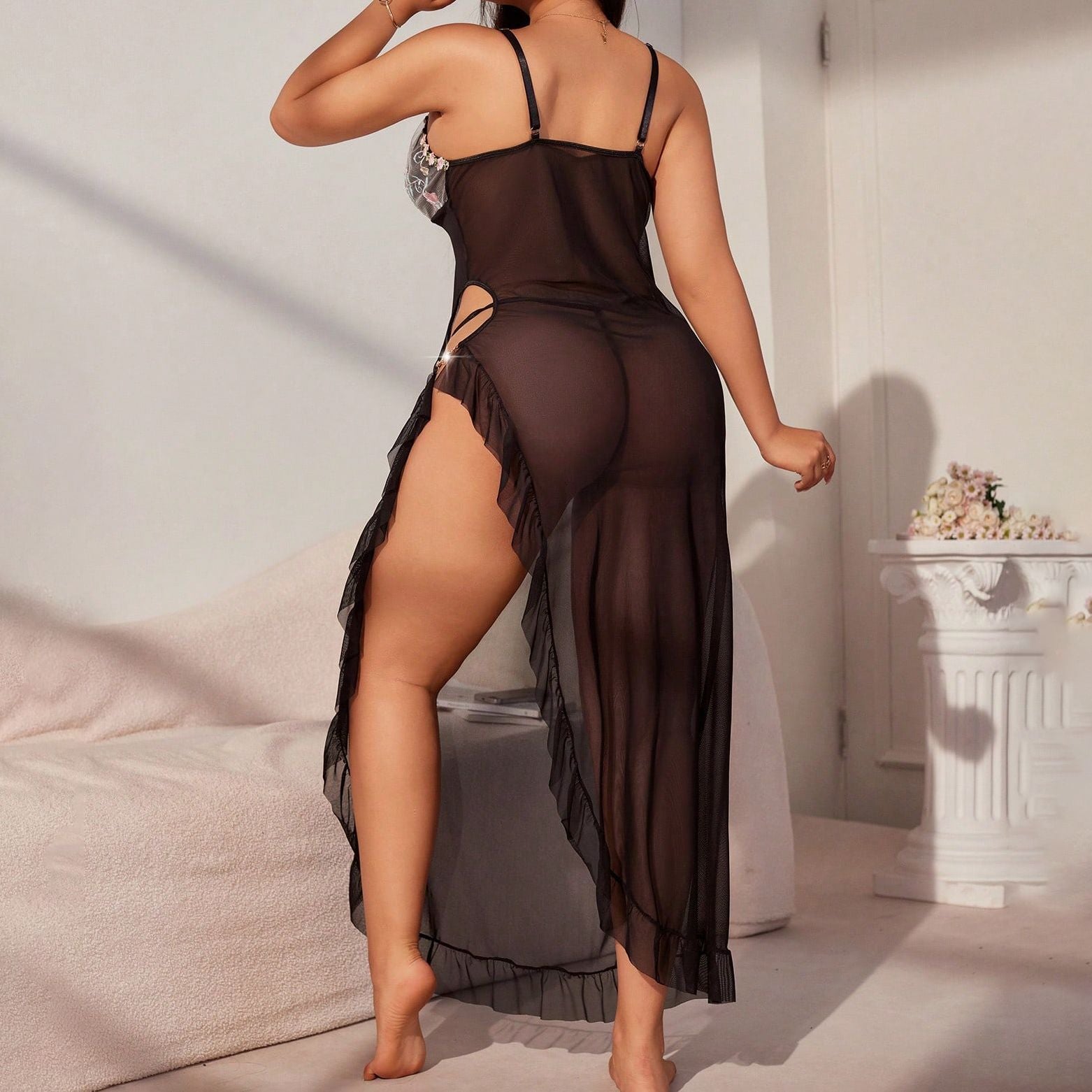 Large Size Split-slit Suspender Dress Semi-see-through Pajamas  Long Lace Dress Set