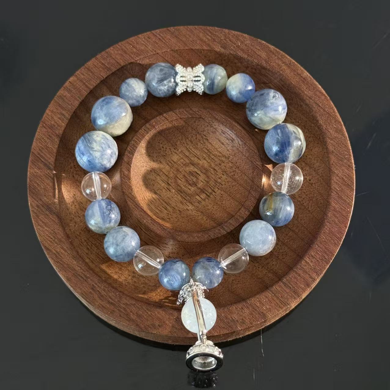 Blue Kyanite & Clear Quartz Crystal Bracelet with Pendant Charm – Handmade Calming Energy Beaded Bracelet