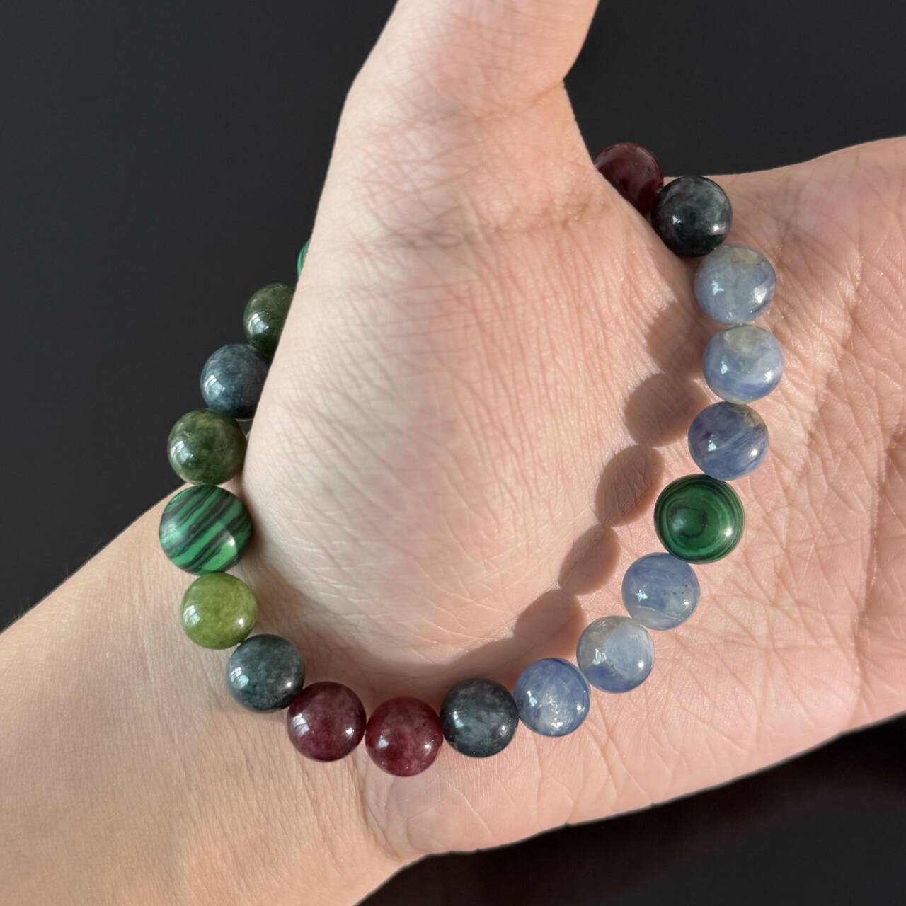 Handcrafted Multi-Color Natural Gemstone Bracelet — Malachite, Blue Apatite, and Tourmaline Crystal Beaded Bracelet