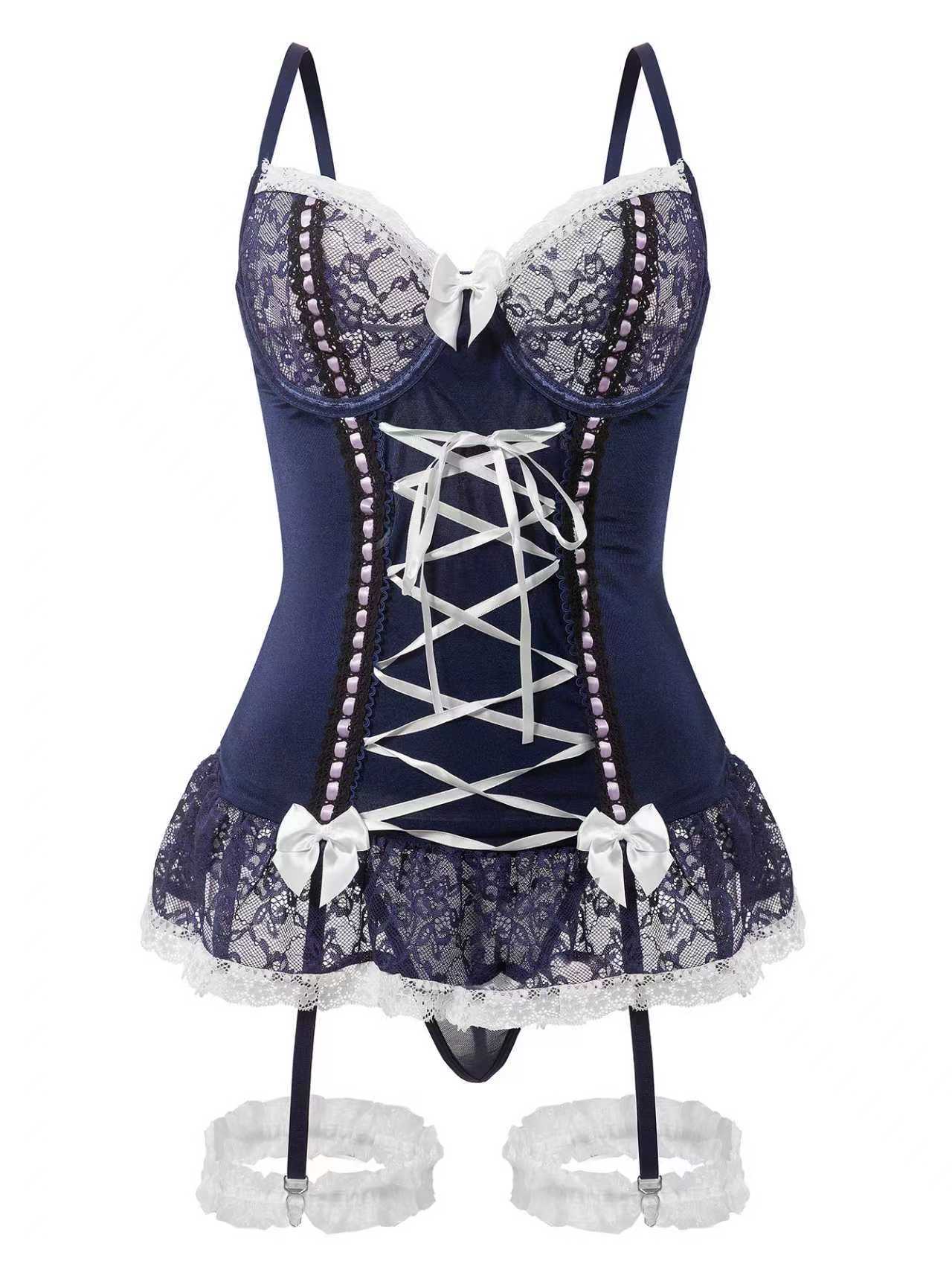 Bow Tie One-Piece Underwear Set With Garter