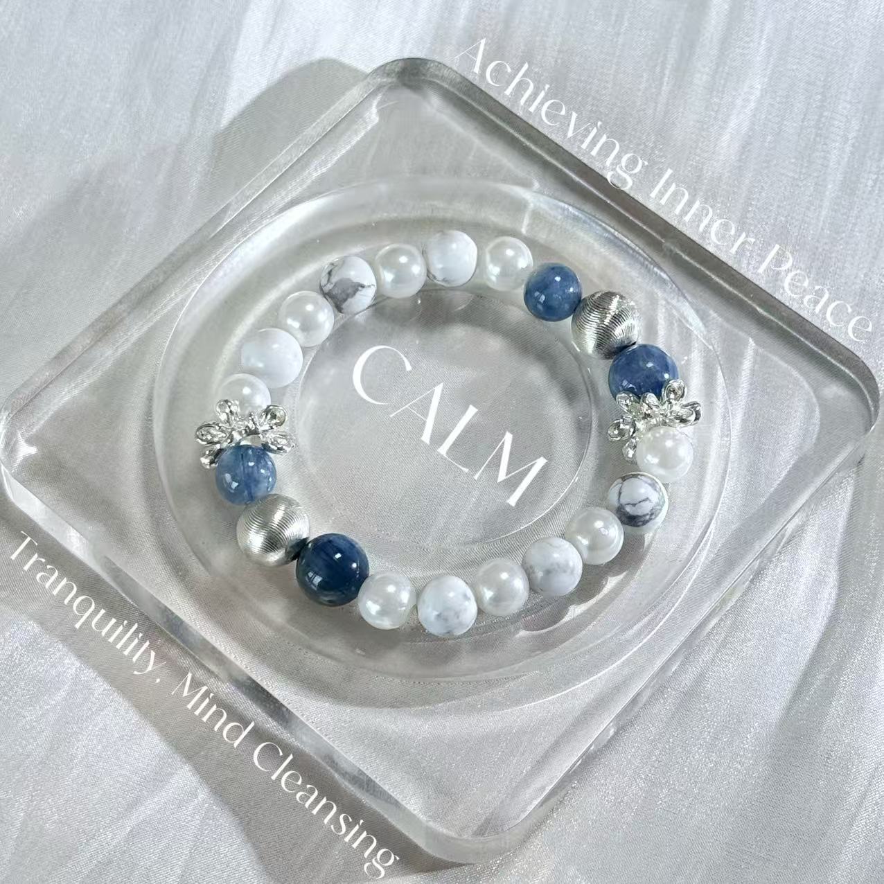 Blue Kyanite White Howlite Pearl Bow Beaded Bracelet, Calming Energy Crystal Bracelet for Women, Dainty Daily Wear Jewelry Gift