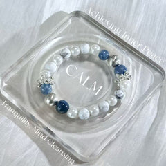 Blue Kyanite White Howlite Pearl Bow Beaded Bracelet, Calming Energy Crystal Bracelet for Women, Dainty Daily Wear Jewelry Gift