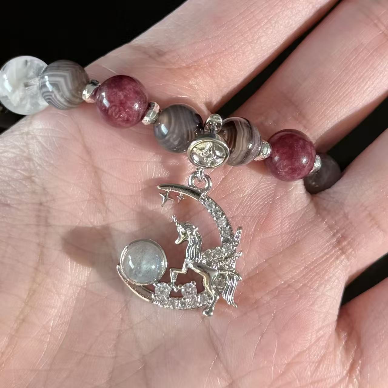 Crescent Moon Unicorn Pendant Bracelet | Multi-Gemstone Natural Obsidian Crystal Bead Bracelet