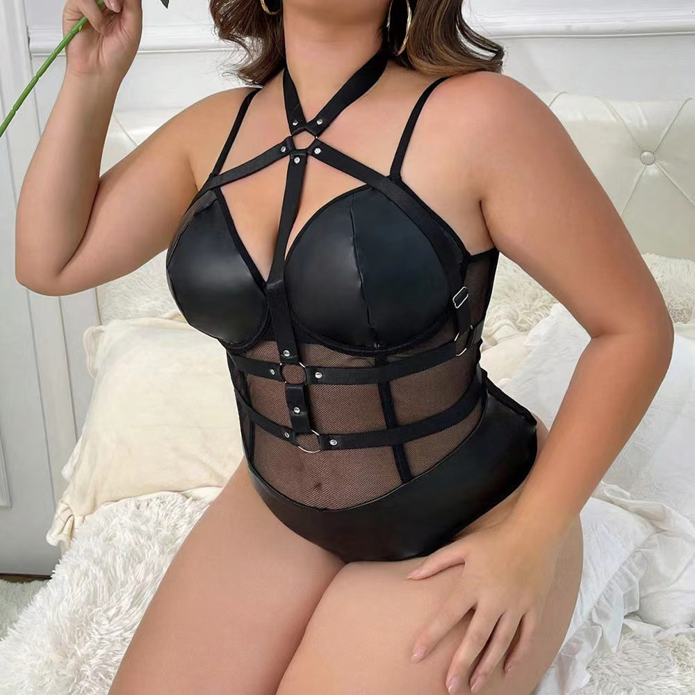 Mesh Plus-Size Mesh Hollow-Out Erotic Lingerie Tight Bodysuit Set