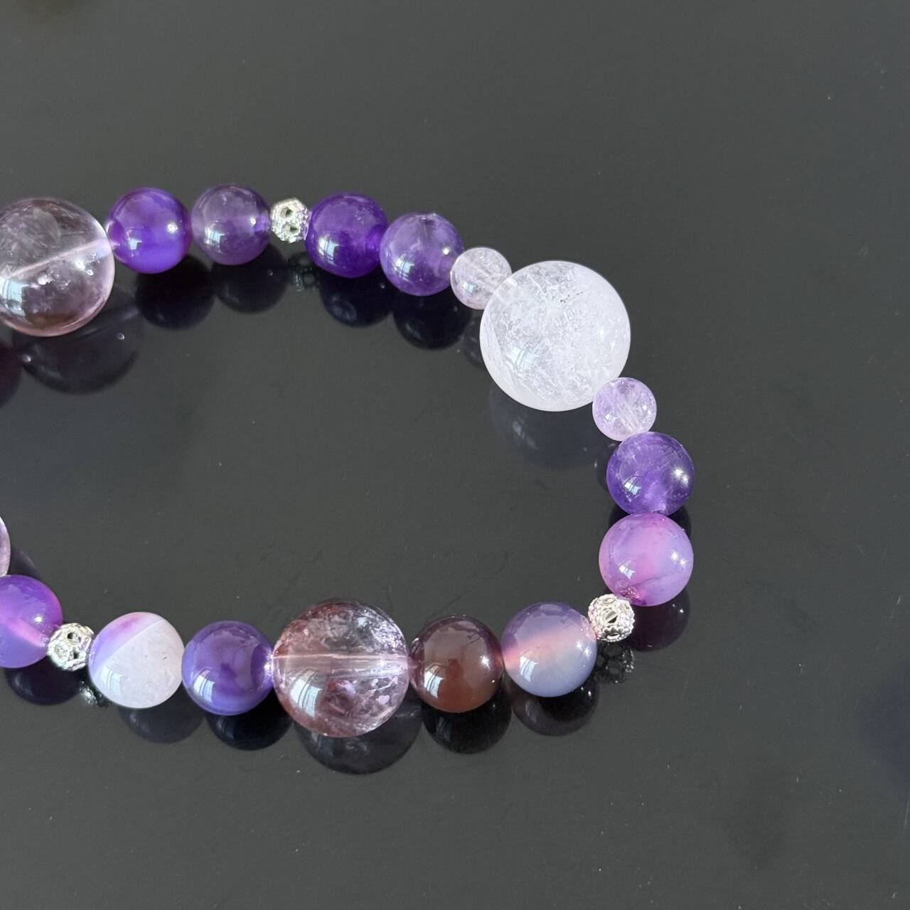 Handcrafted Amethyst and Frosted Quartz Bracelet — A Healing Gemstone Beaded Bracelet to Help You Attain Serenity