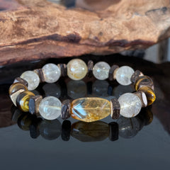Golden Citrine & Tiger Eye Manual Beaded Bracelet – Natural Crystal Energy Bracelet with Wood Accents