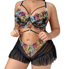 Plus Size Mesh Flower Color Embroidery Lingerie