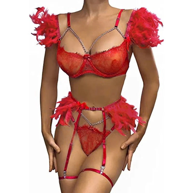 Hot Night Angel Feather Lace Ultra-thin Lingerie Suit