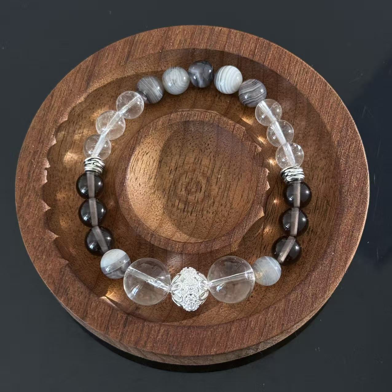 Handcrafted Bracelet featuring Black Onyx, Clear Quartz, and Grey-Veined Agate — A Gemstone Beaded Bracelet for Protection, Clarity, and Balance