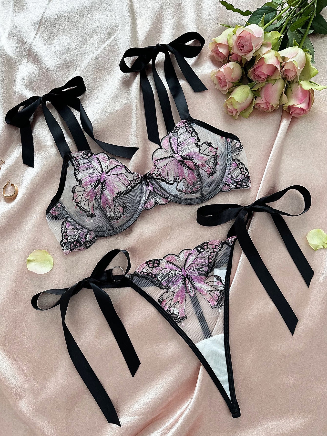 Butterfly Mesh Embroidery See-through Lingerie Set