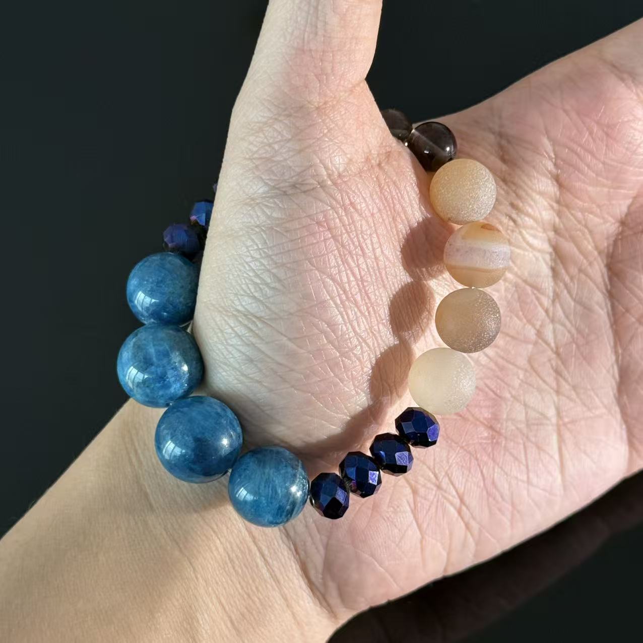 Handcrafted Blue Apatite & Frosted Agate Crystal Bracelet — White Crystal & Faceted Glass Bead Energy Healing Bracelet