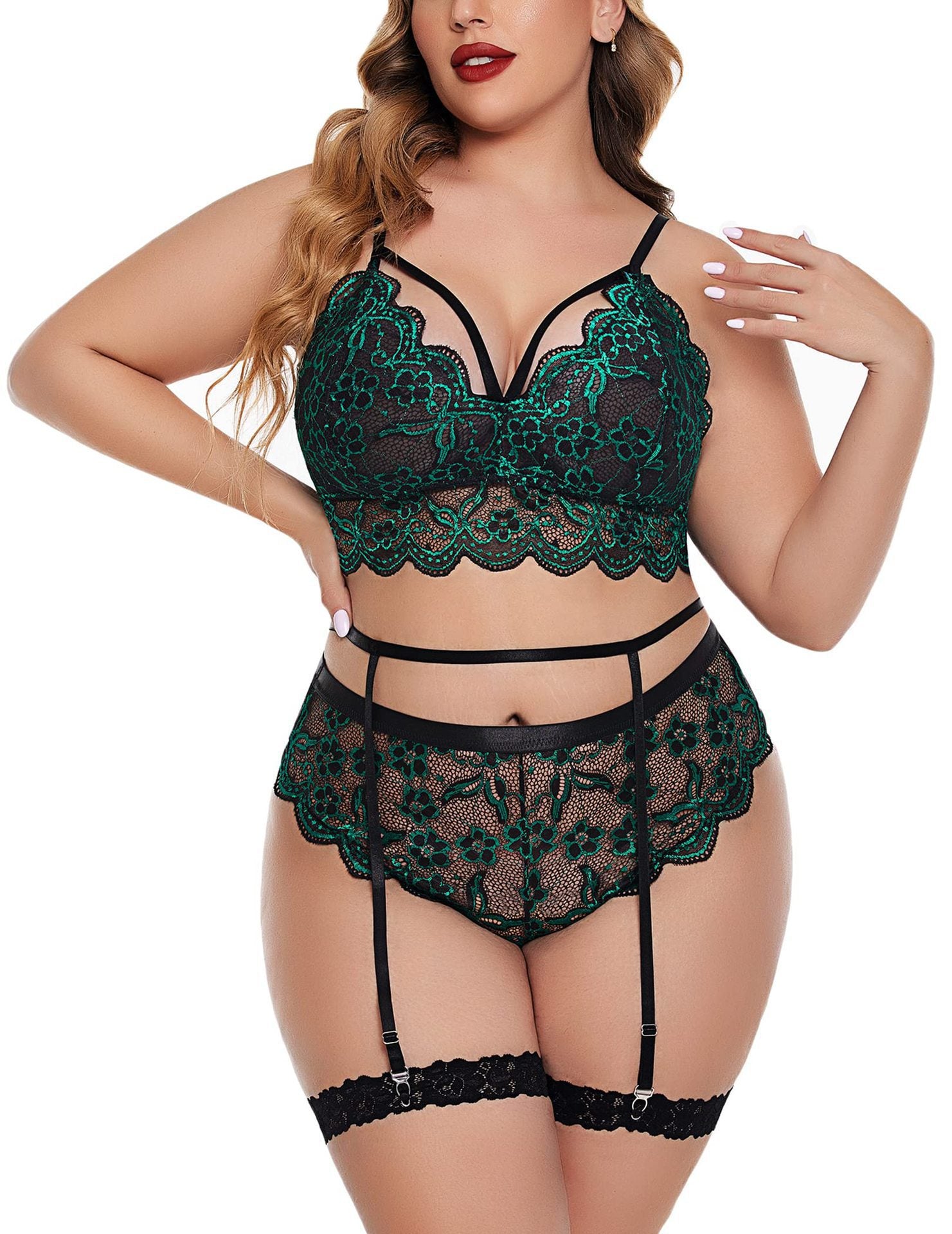 Hollow-Out See-Through Three-Point Garter Belt Plus-Size Erotic Lingerie Tempting Lace