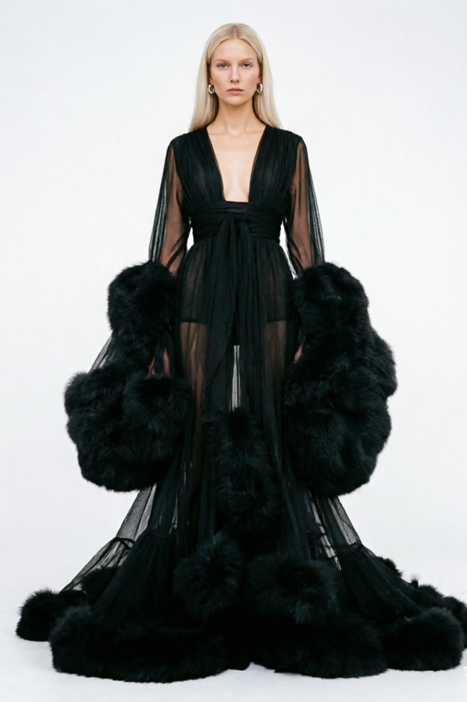 Feather Bell Sleeve Trailing Dress