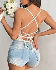 Floral Lace-up Backless Bodysuit