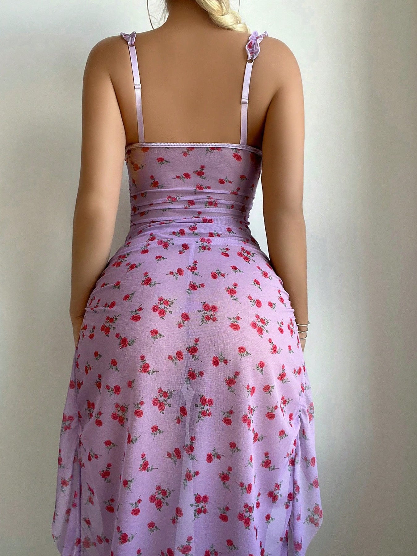 Floral Print See-through Mesh Halter Nightgown