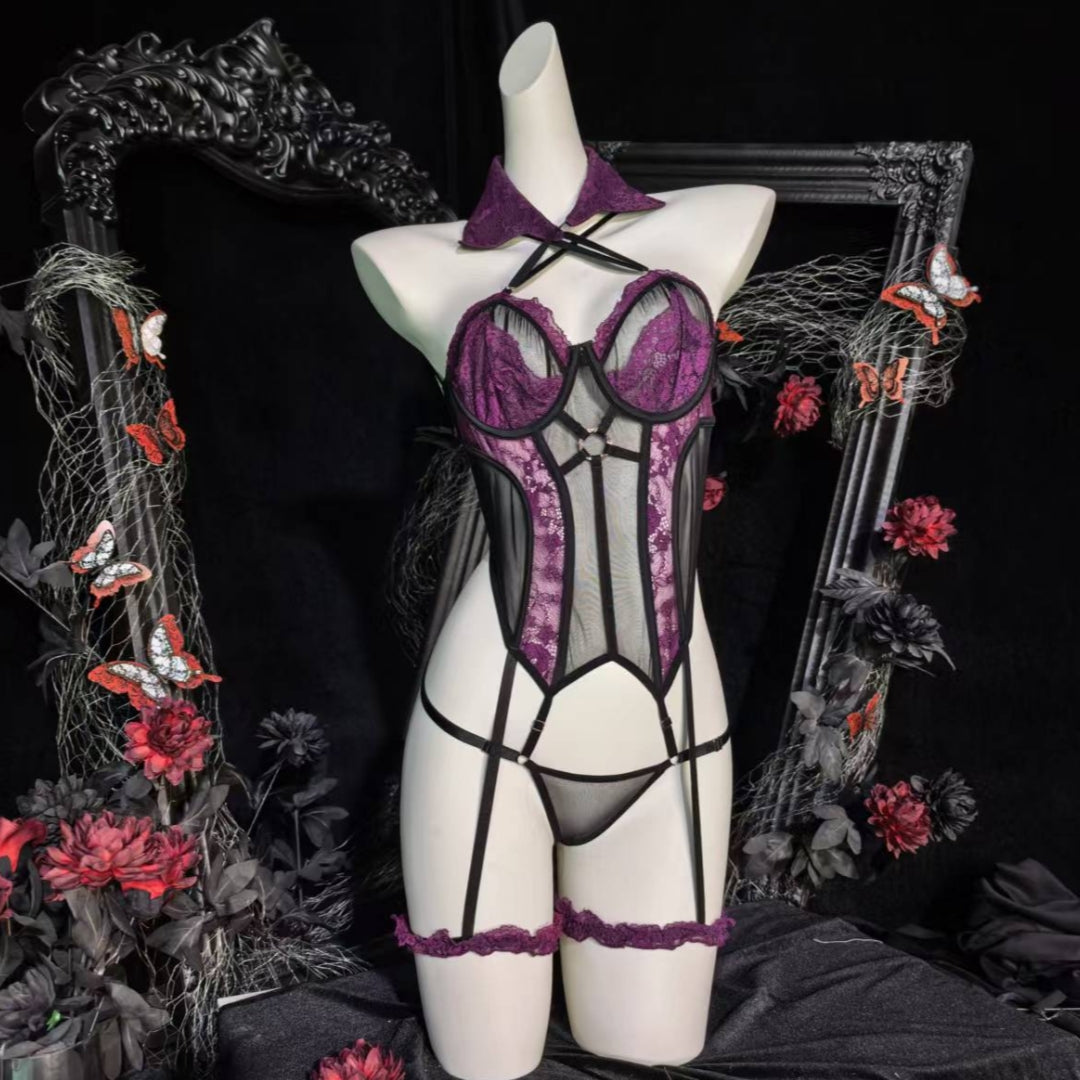 Purple Lace Sheer Bodysuit Uniform