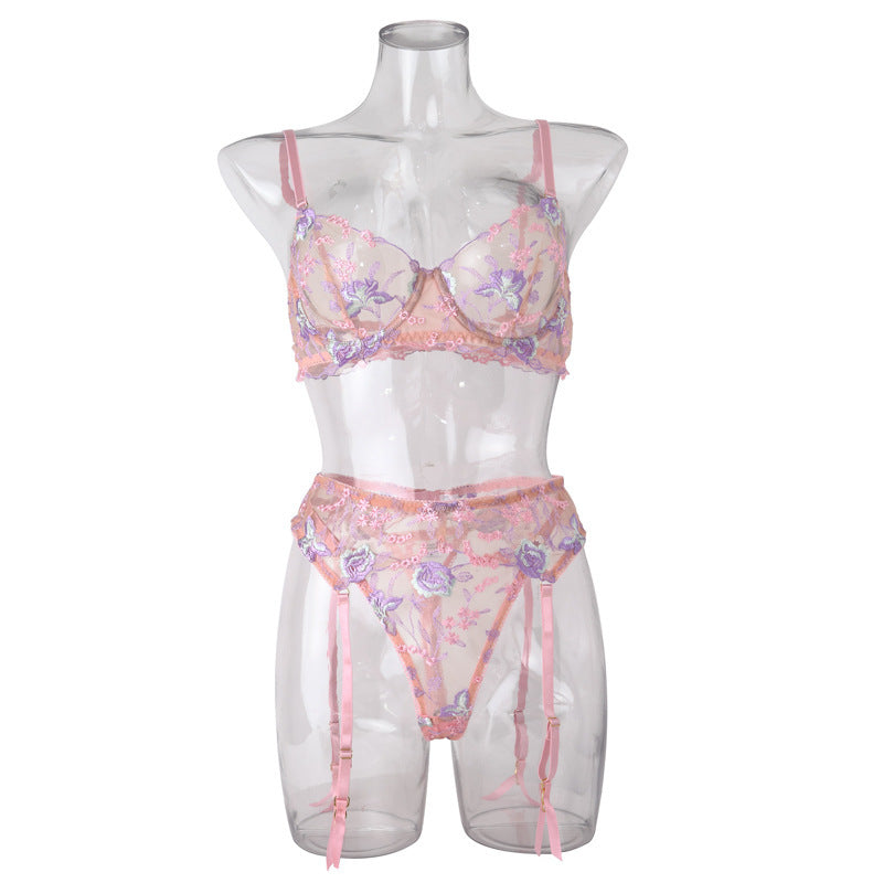 Lingerie Split Set Floral Embroidered Mesh Sculpting Underwire Bra Alluring Garter Belt