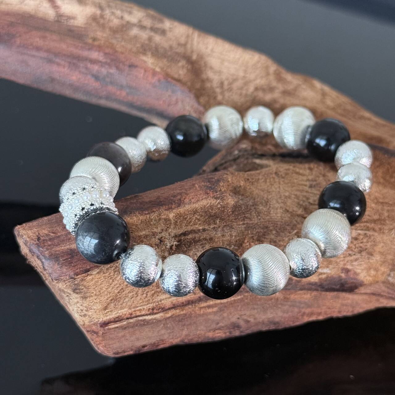 Handcrafted Black Onyx and Textured Silver Bead Bracelet — Luxurious Stretch Crystal Bracelet Adorned with Rhinestone Accents