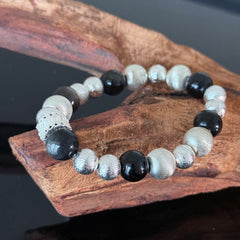 Handcrafted Black Onyx and Textured Silver Bead Bracelet — Luxurious Stretch Crystal Bracelet Adorned with Rhinestone Accents