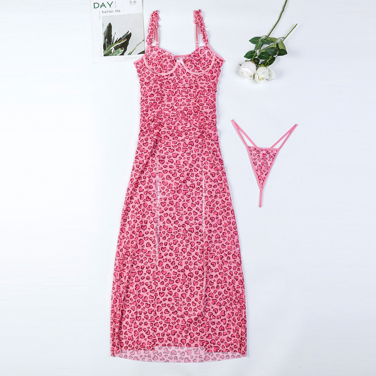Fuchsia Leopard Love High Slit Long Dress Sling Dress T-Back