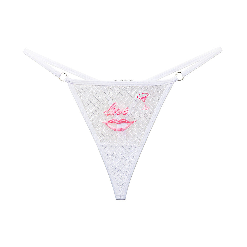"Love" Red Lips Embroidery Mesh Women Thong with Diamonds