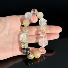 Handcrafted Crystal Pendant Bracelet — Featuring Carved Jade Rabbit and Floral Accents