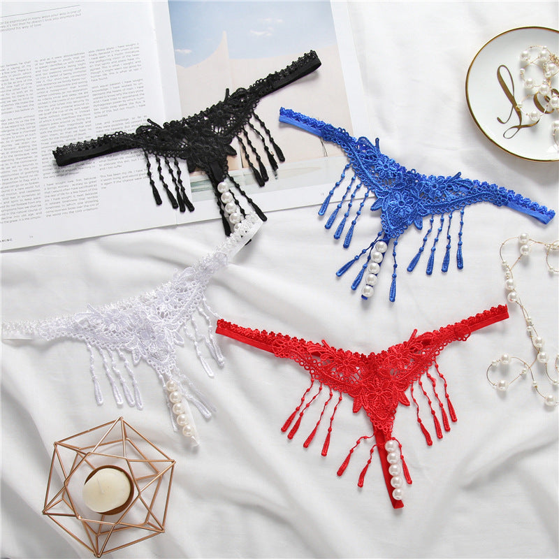 Embroidered Tassel Pearl Open Crotch Thong