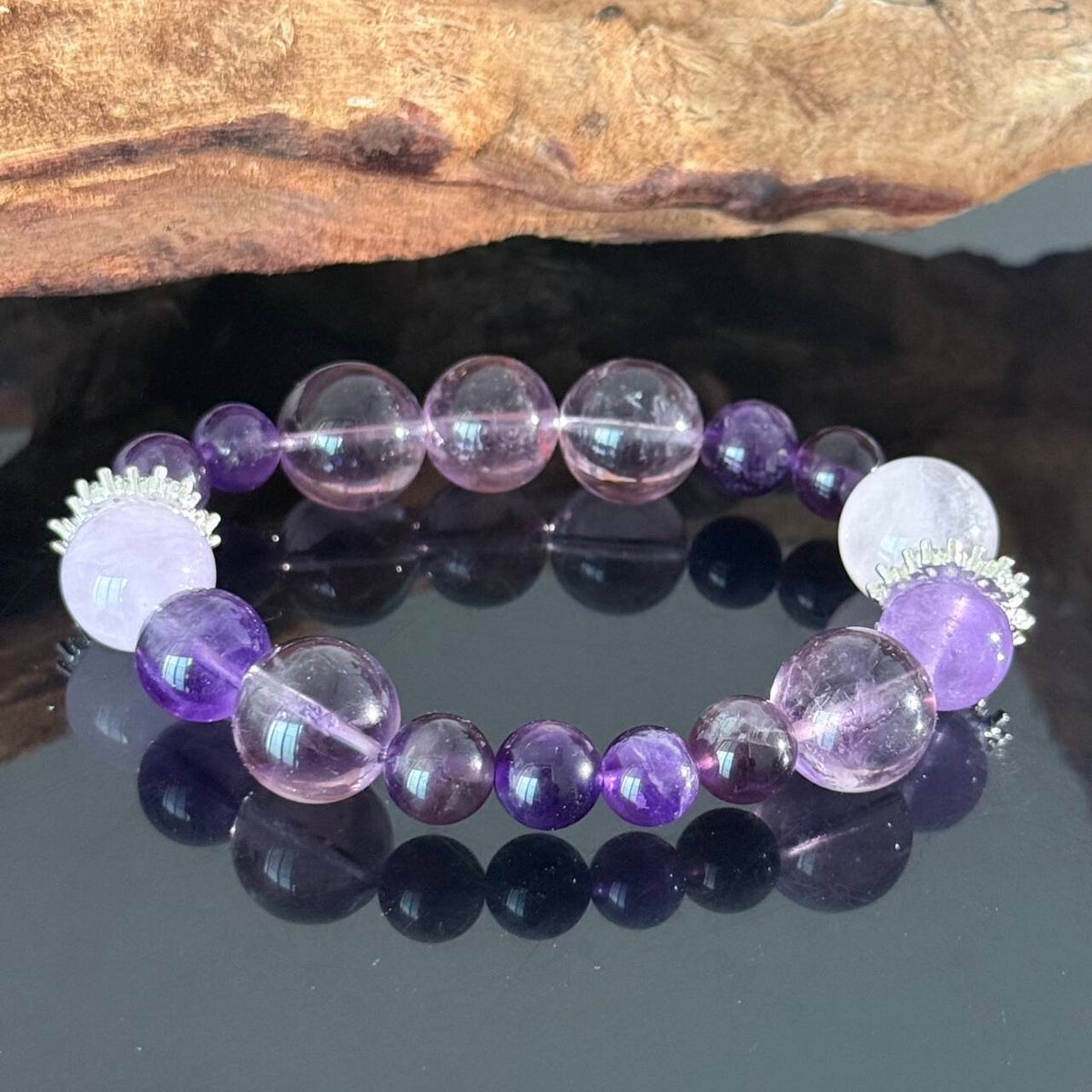 Amethyst and Lavender Quartz Crystal Bracelet – Handmade Purple Gemstone Elastic Bracelet