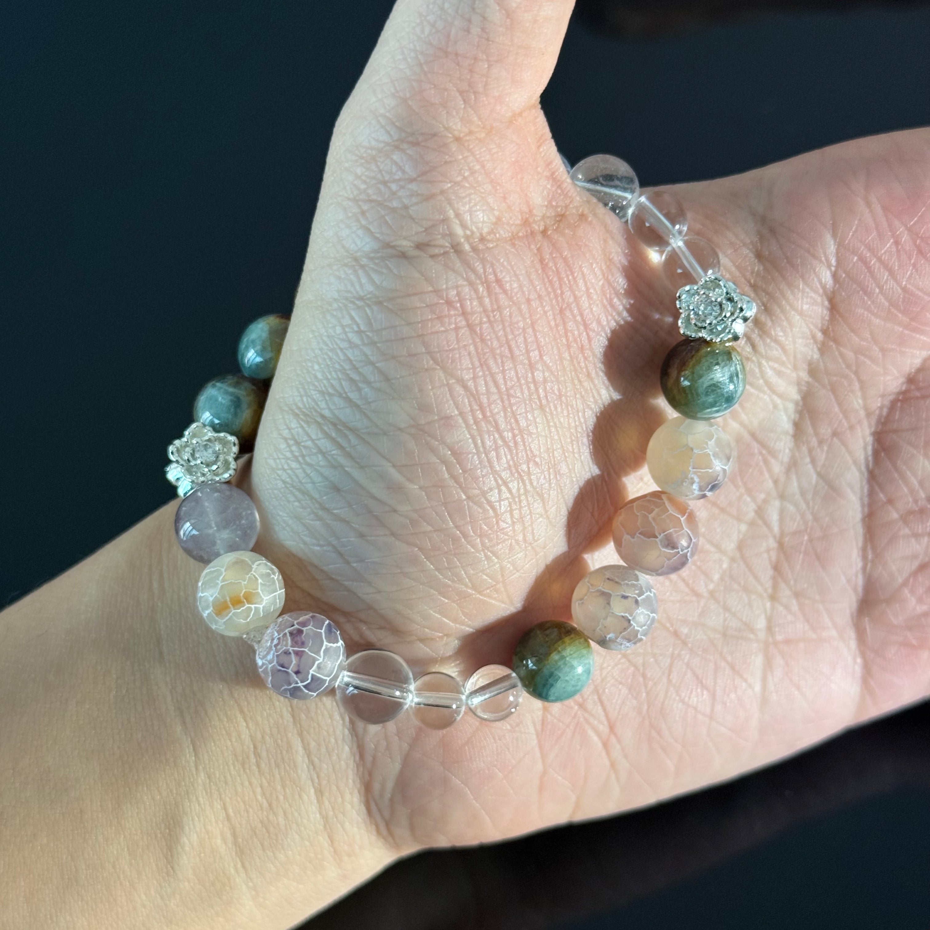 Handcrafted Bracelet: Cracked Agate & White Crystal — Featuring a Pixiu Pendant