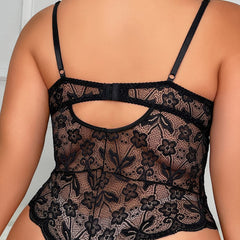 Plus-Size Lace Trim Erotic See-through Bodysuit