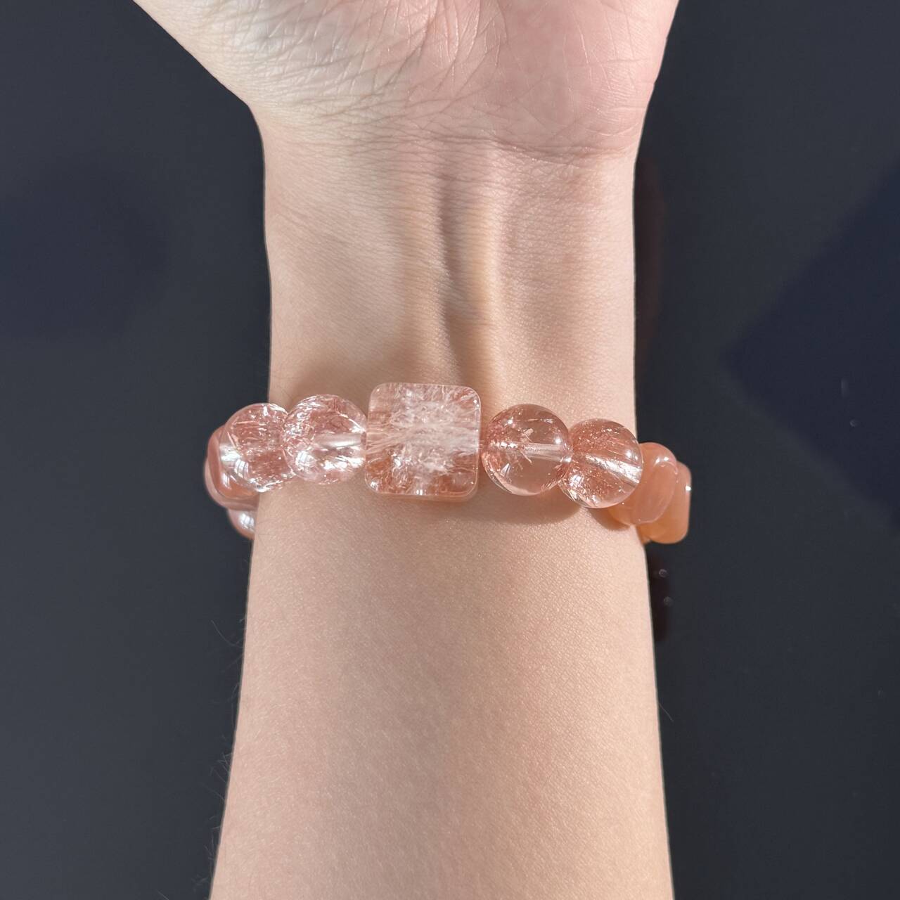 Handcrafted Rose Quartz & Strawberry Quartz Bracelet — Healing Love Energy Beaded Stretch Bracelet Featuring a Center Stone