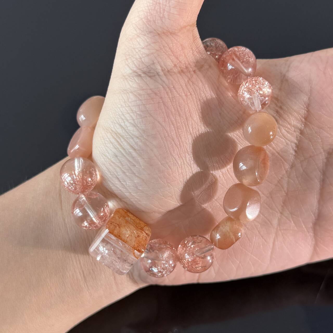 Handcrafted Rose Quartz & Strawberry Quartz Bracelet — Healing Love Energy Beaded Stretch Bracelet Featuring a Center Stone