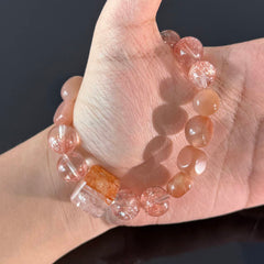 Handcrafted Rose Quartz & Strawberry Quartz Bracelet — Healing Love Energy Beaded Stretch Bracelet Featuring a Center Stone