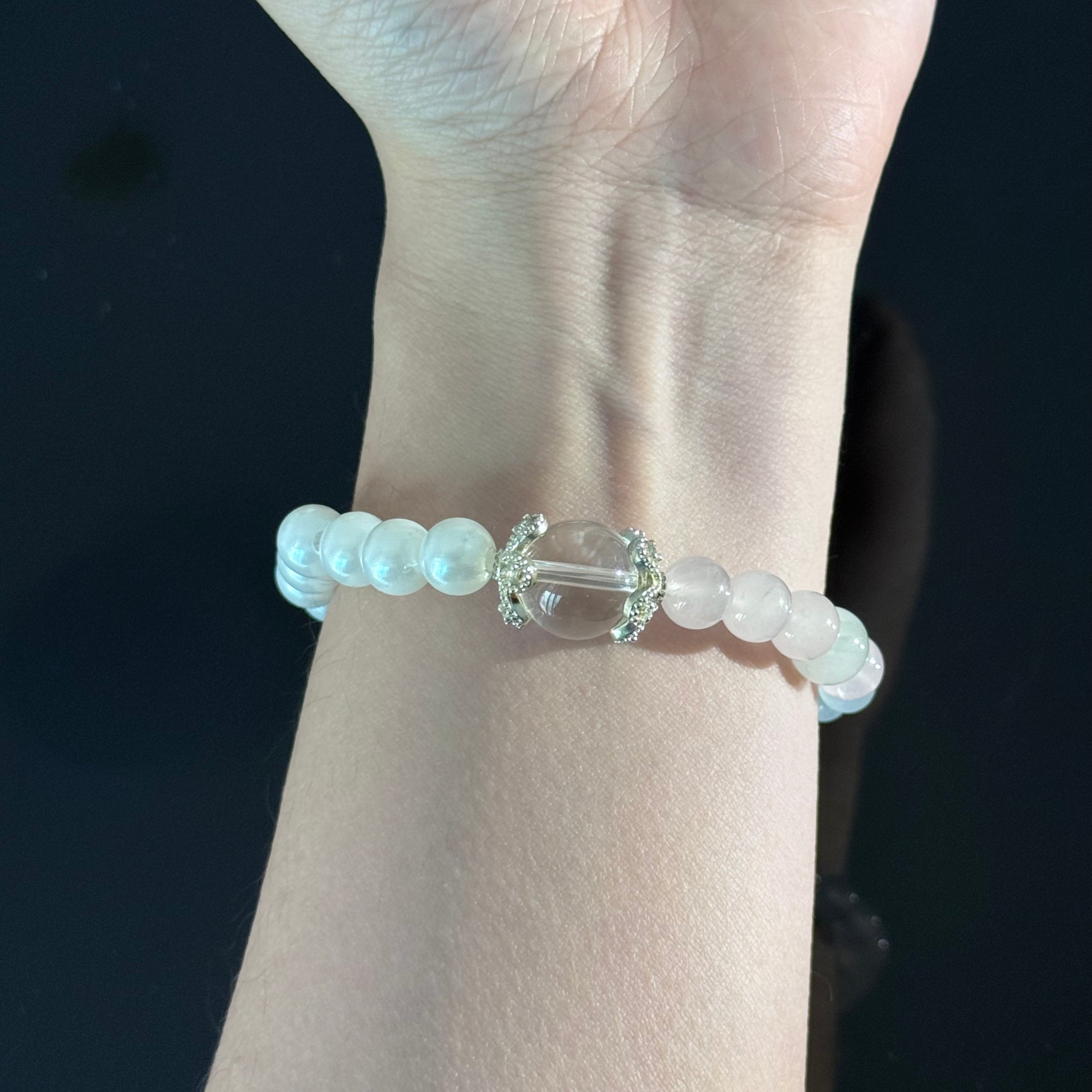 Aquamarine & Rose Quartz Crystal Bracelet with Clear Quartz Center Bead – Handmade Healing Energy Bracelet
