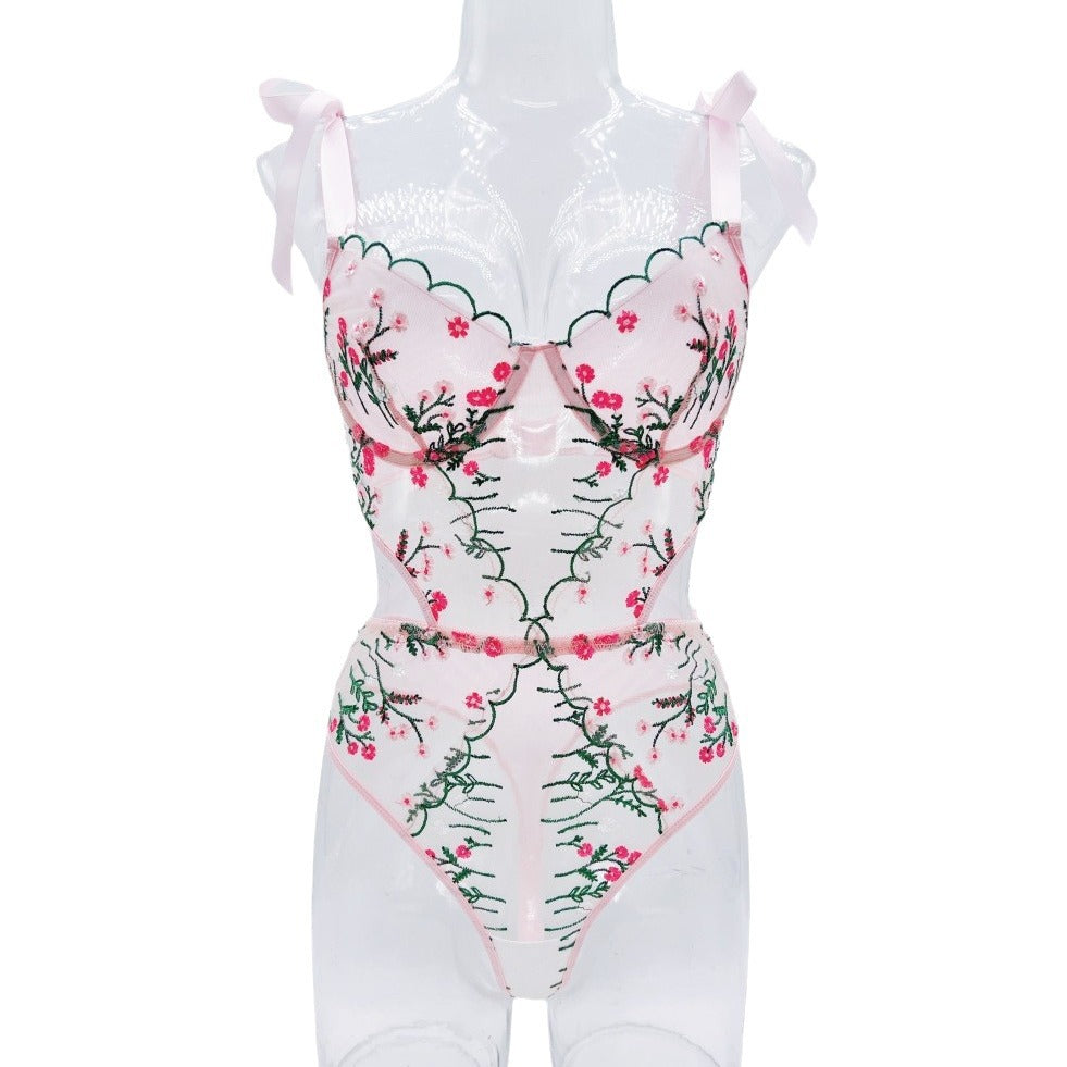 French Lingerie Embroidery See-through Mesh Female Erotic Set