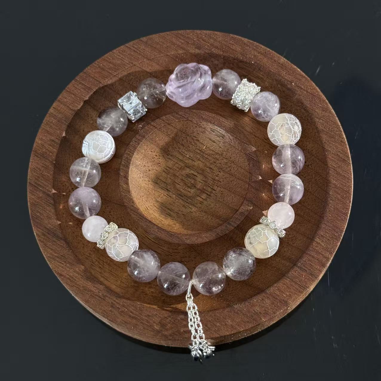 Handcrafted Lavender Amethyst & Rose Quartz Bracelet — Elegant, Healing Crystal Beaded Bracelet with Flower Charm