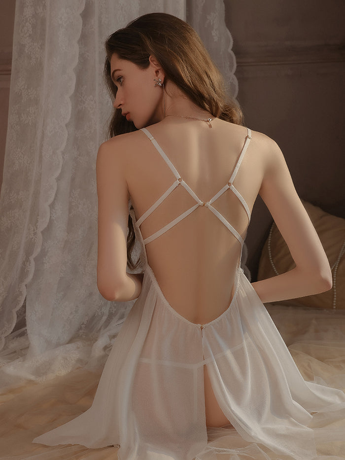 Bow Tie Silk Suspender Babydoll With Thong