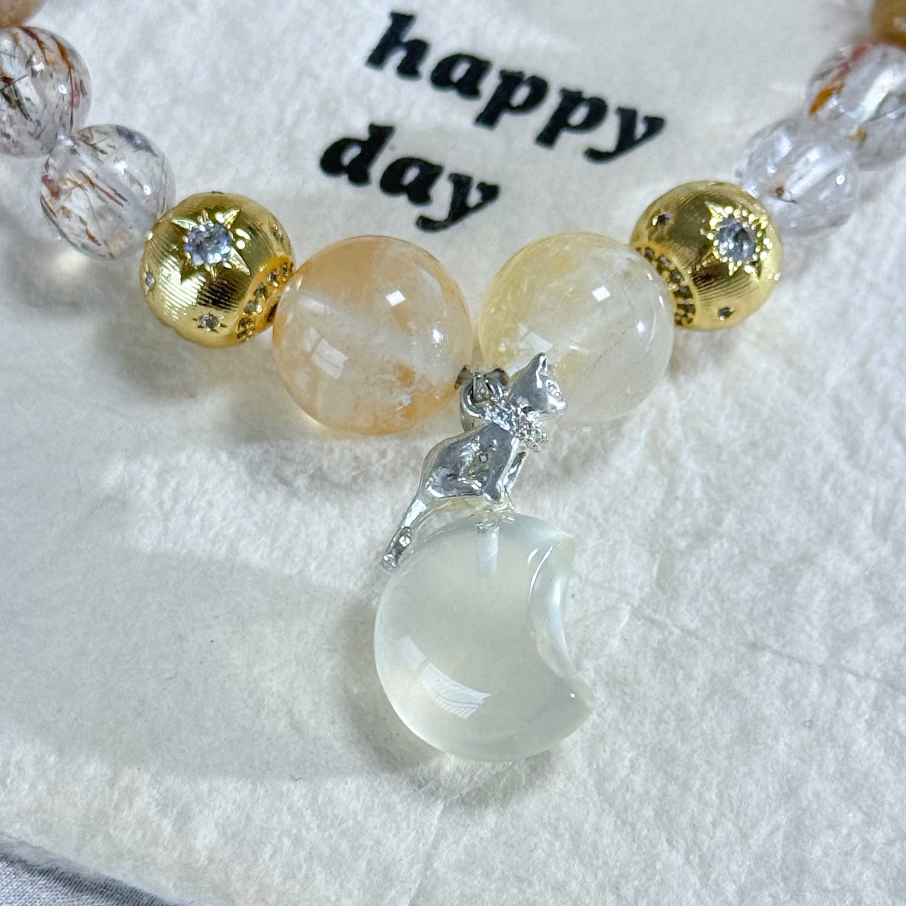 Crescent-shaped crystal bead bracelet | Natural golden rutilated quartz healing stone bracelet