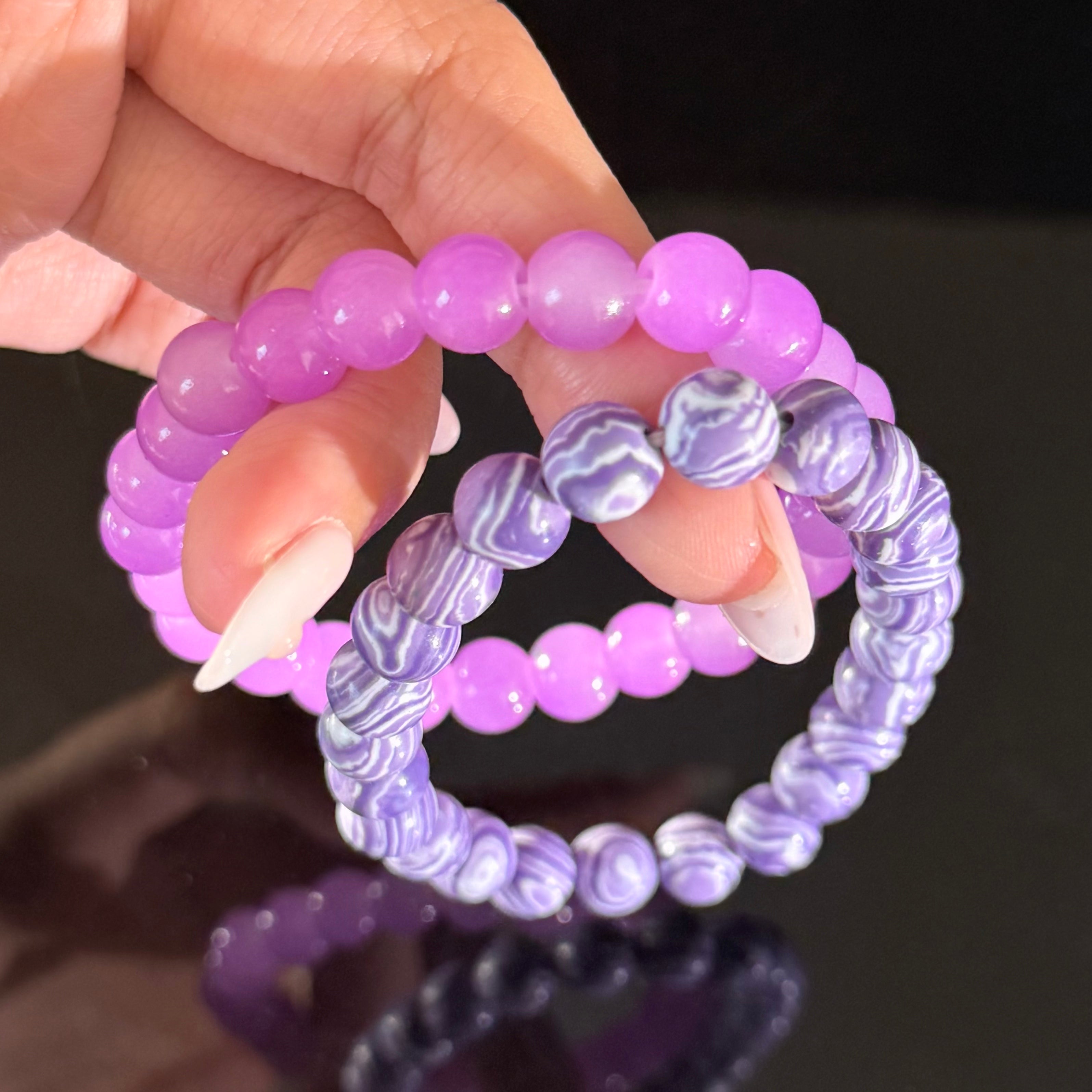Libra Crystal Bracelet Set – Pink Quartz & Purple Striped Agate Love Bracelet