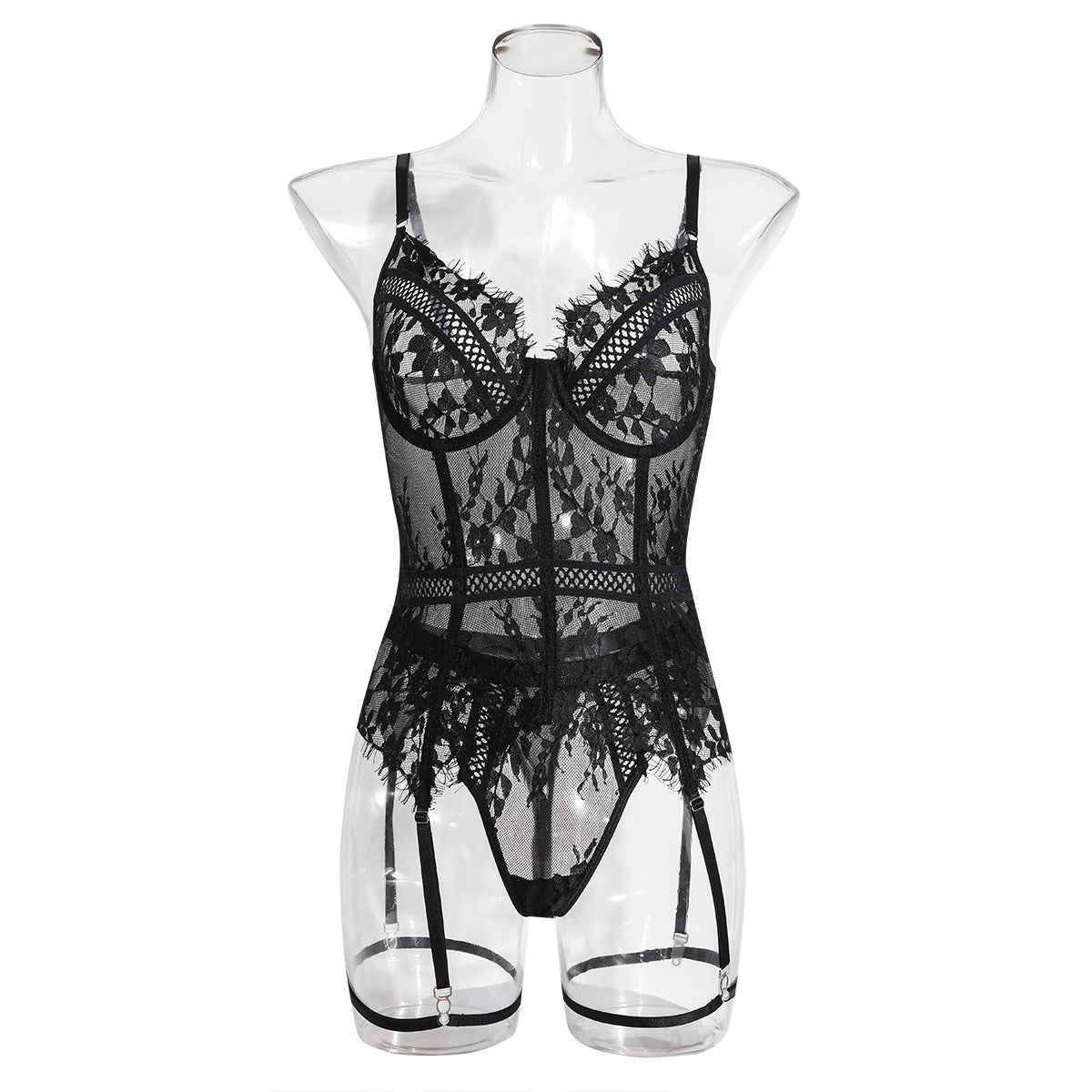 Lace Flower Pattern See-through One-piece Underwear Set