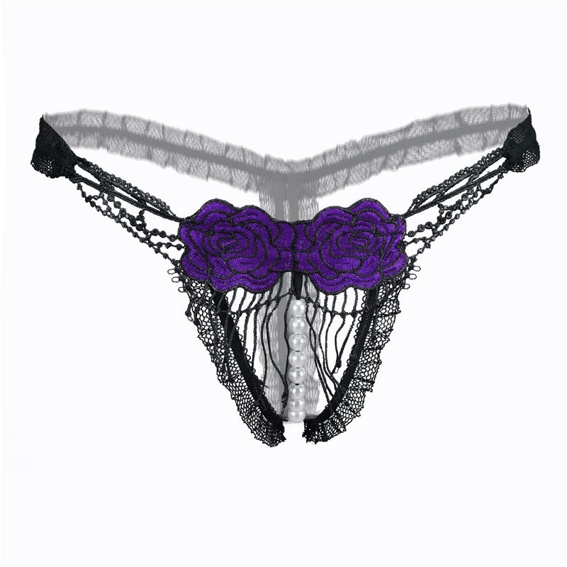 Open Crotch Mesh Flower Embroidery Thong