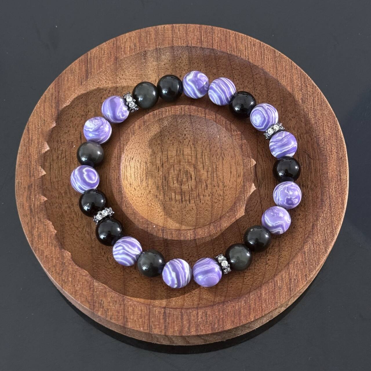 Natural Purple Agate & Obsidian Crystal Handmade Bracelet — Protective Energy Elastic Beaded Gemstone Bracelet