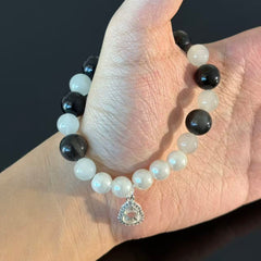 Handcrafted Obsidian & White Moonstone Crystal Bracelet — Guardian & Balancing Gemstone Beaded Bracelet (With Pendant)