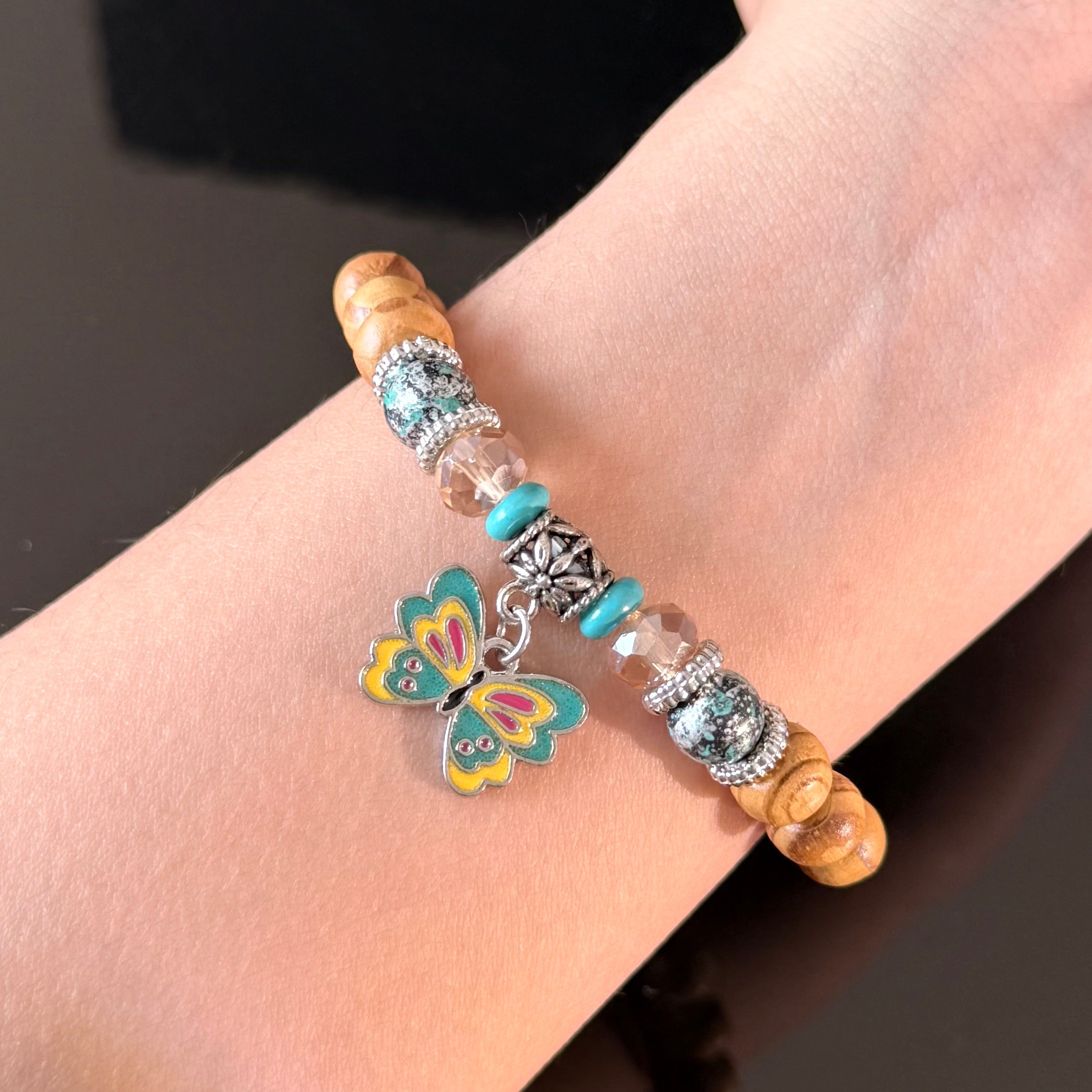 Gemini Zodiac Wooden Bead Bracelet with Butterfly Charm