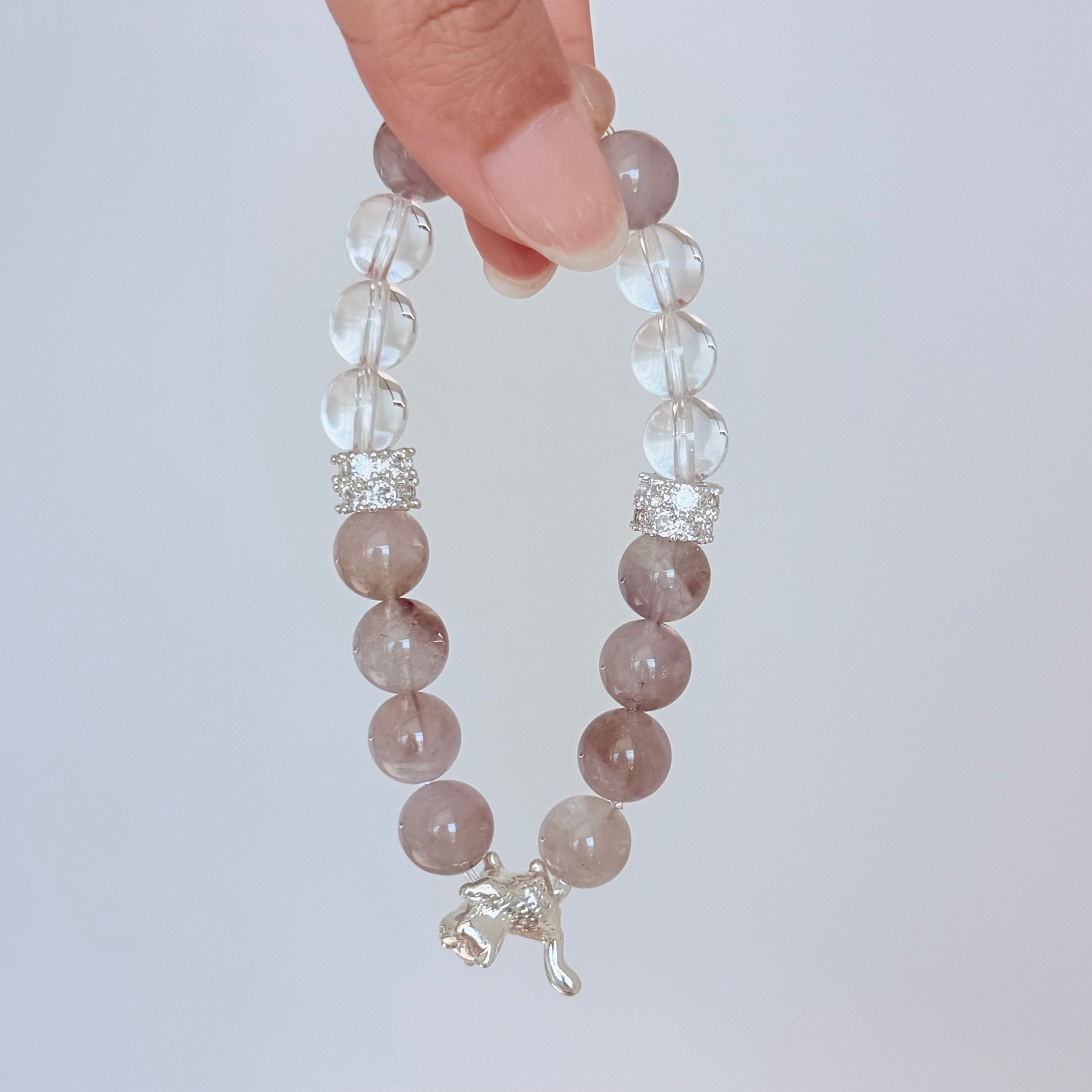 Lepidolite & Clear Quartz Bracelet with Silver Cat Charm