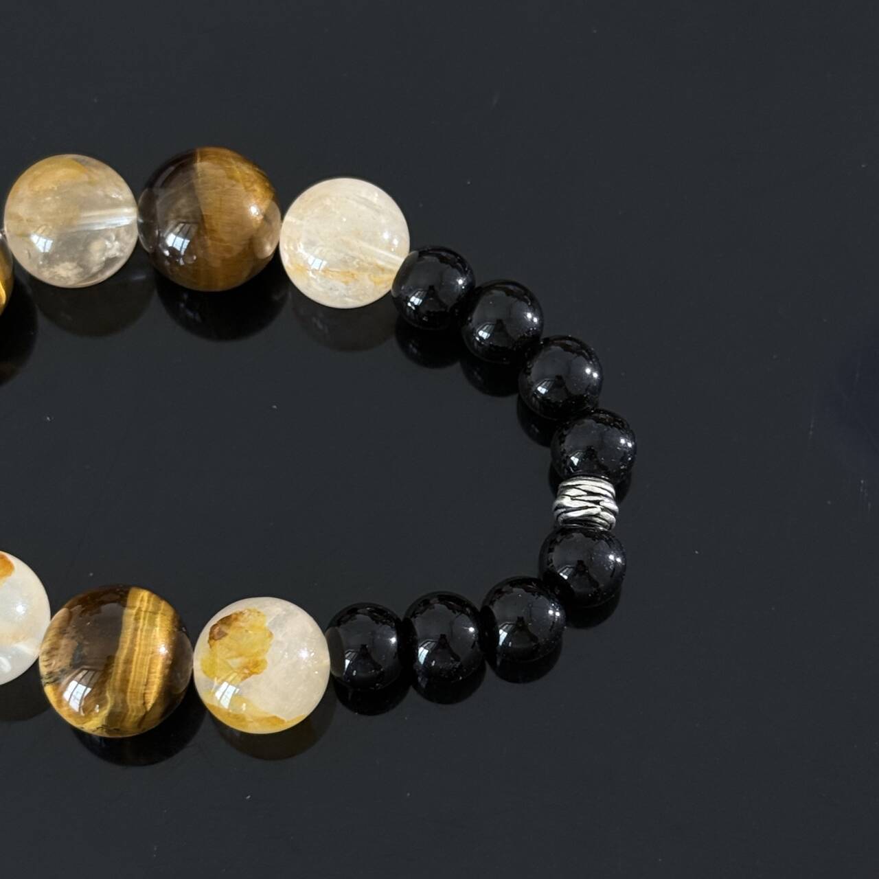 Handcrafted Tiger's Eye & Clear Quartz Beaded Bracelet — Black Agate Protective Energy Stretch Bracelet