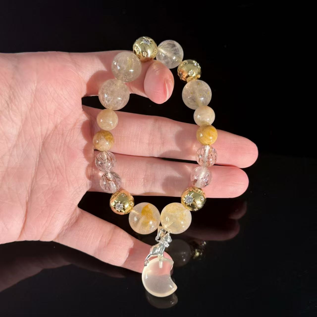 Crescent-shaped crystal bead bracelet | Natural golden rutilated quartz healing stone bracelet