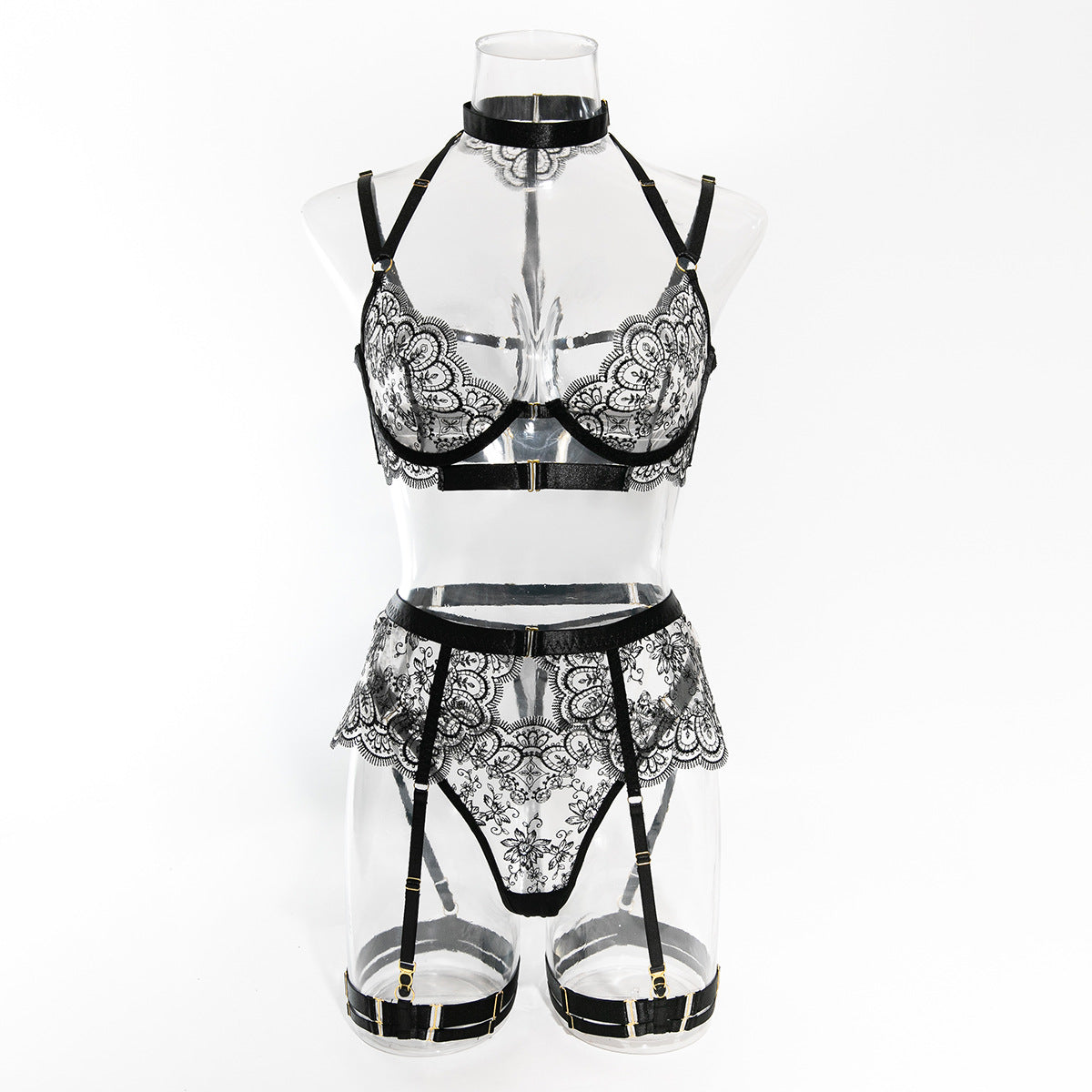 Lingerie 5-Piece Ensemble Floral Black Lace Garter Belt with Stocking Clips